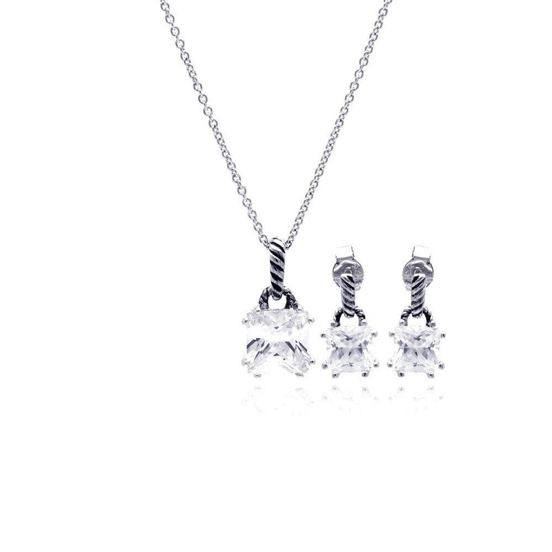 Silver 925 Rhodium Plated Princess Cut CZ Dangling Stud Earring and Necklace Set - STS00352 | Silver Palace Inc.