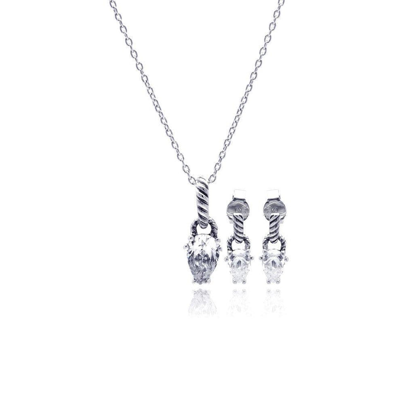 Silver 925 Rhodium Plated Teardrop CZ Dangling Stud Earring and Necklace Set - STS00353 | Silver Palace Inc.