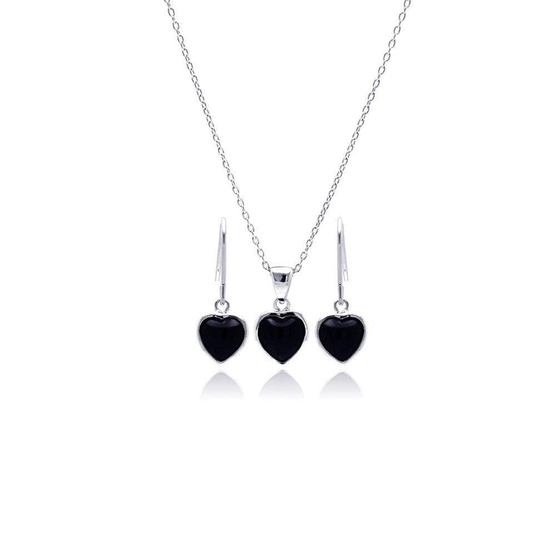 Silver 925 Rhodium Plated Black Onyx Heart CZ Dangling Hook Earring and Necklace Set - STS00355 | Silver Palace Inc.
