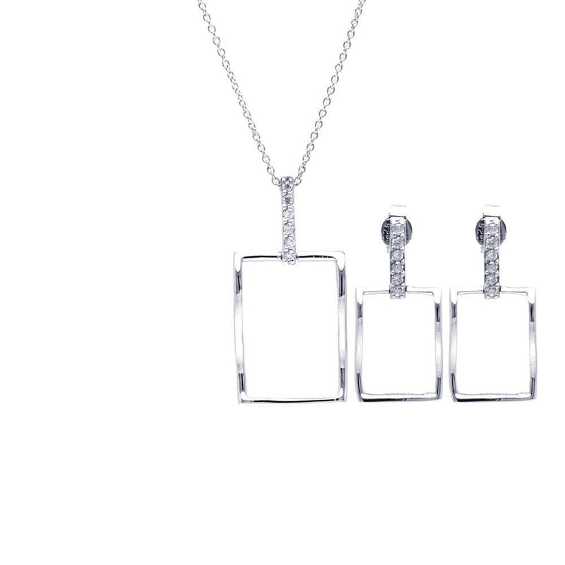 Silver 925 Rhodium Plated Open Square CZ Dangling Stud Earring and Necklace Set - STS00357 | Silver Palace Inc.