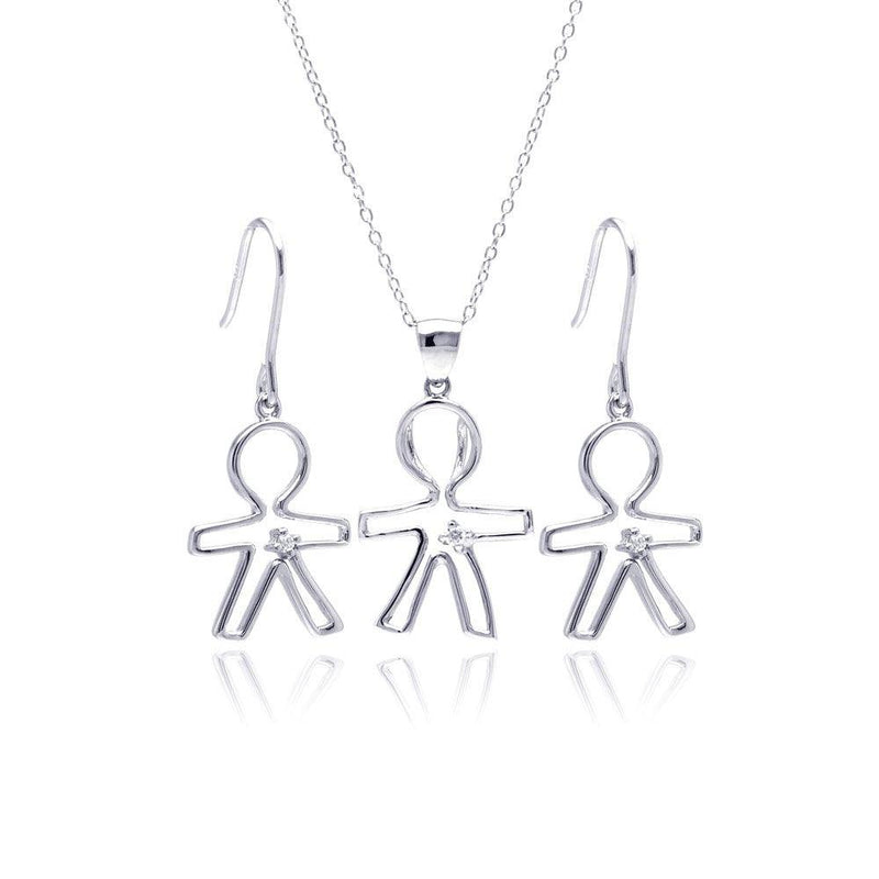 Silver 925 Rhodium Plated Open Boy CZ Dangling Hook Earring and Necklace Set - STS00361 | Silver Palace Inc.