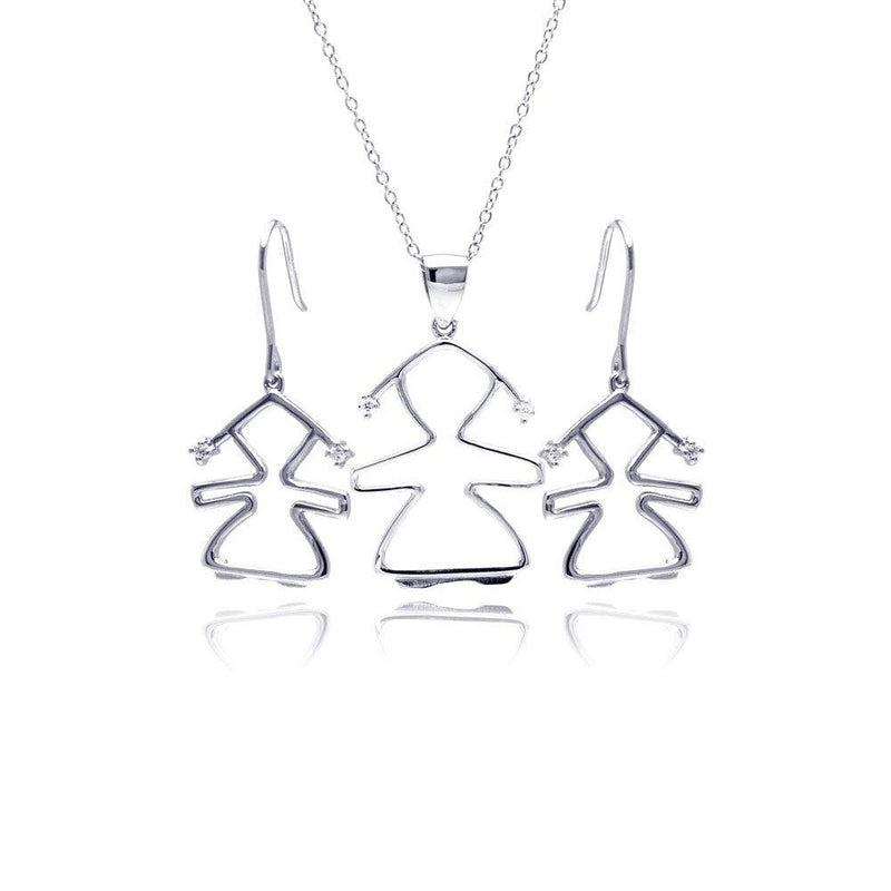 Silver 925 Rhodium Plated Open Girl CZ Dangling Hook Earring and Necklace Set - STS00362 | Silver Palace Inc.