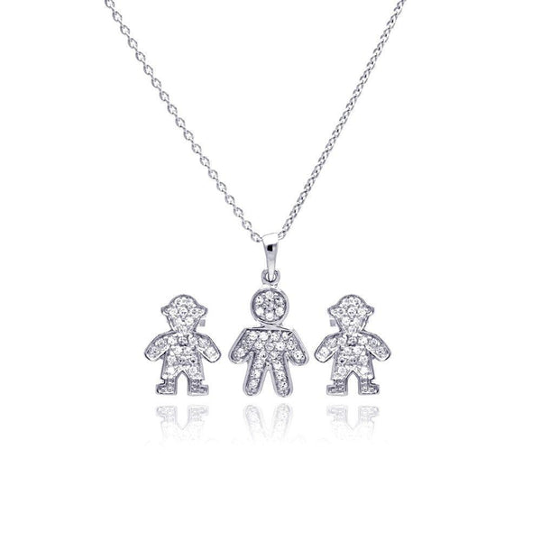 Silver 925 Rhodium Plated Open Filigree CZ Boy Stud Earring and Necklace Set - STS00363 | Silver Palace Inc.