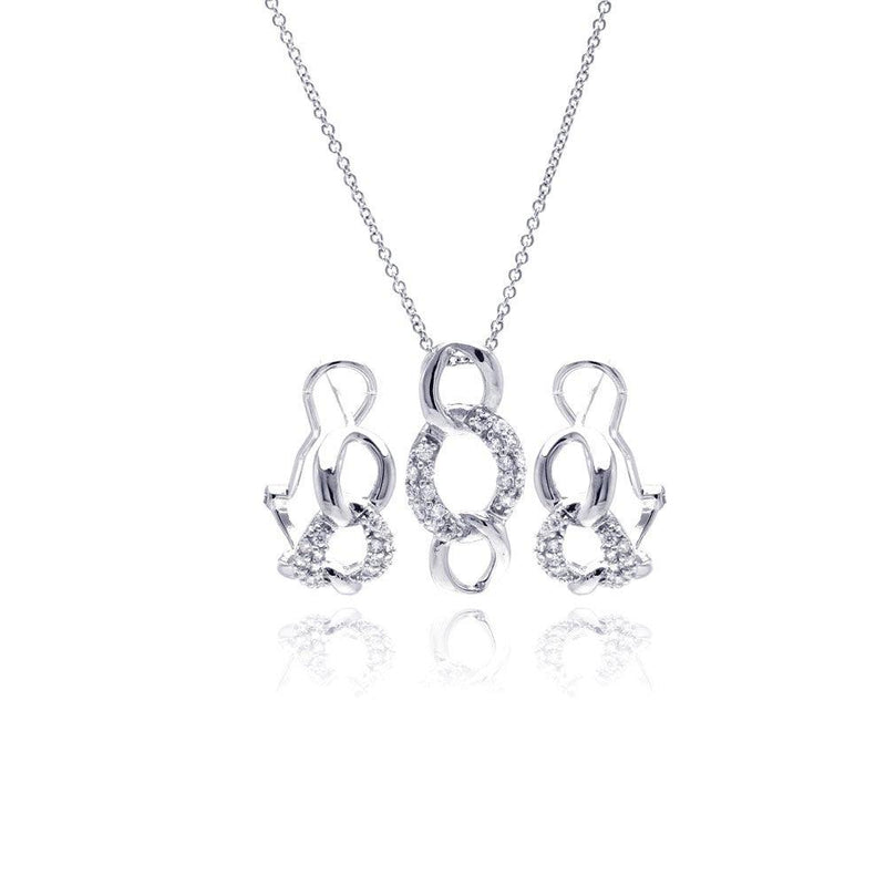 Silver 925 Rhodium Plated Open Circle Link CZ Lever Back Earring and Necklace Set - STS00364 | Silver Palace Inc.