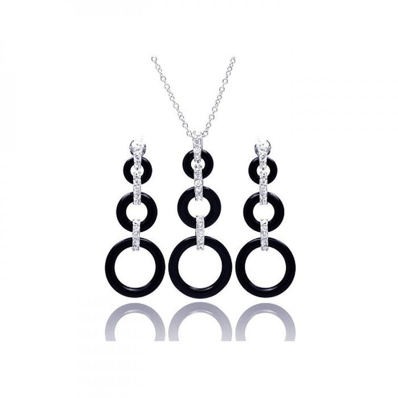 Silver 925 Rhodium Plated Open Graduated Circle CZ Black Onyx Dangling Set - STS00366 | Silver Palace Inc.