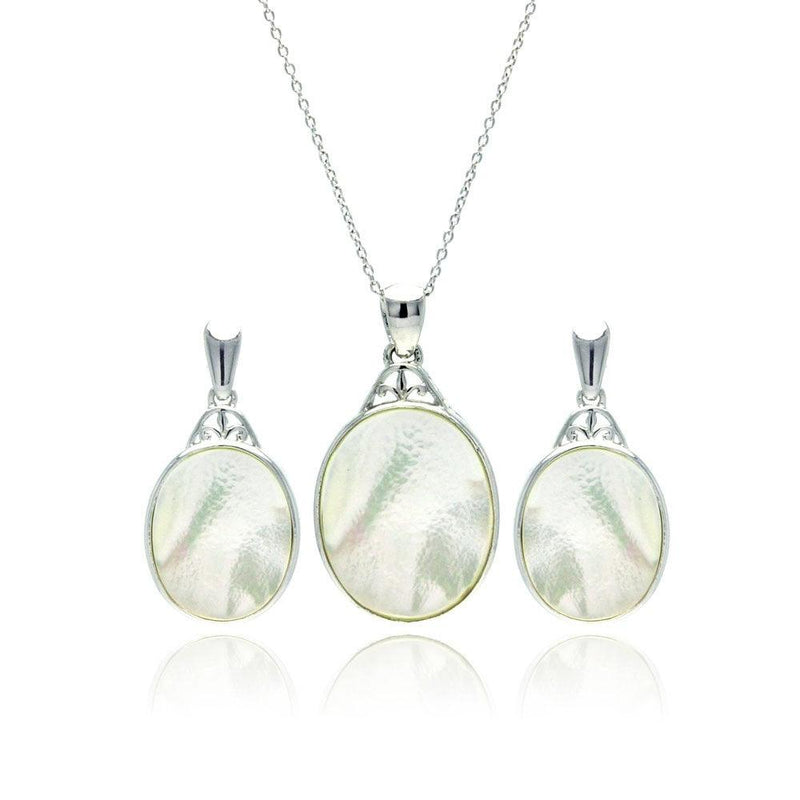 Closeout-Silver 925 Rhodium Plated White Oval Mother of Pearl CZ Dangling Stud Earring and Necklace Set - STS00370 | Silver Palace Inc.