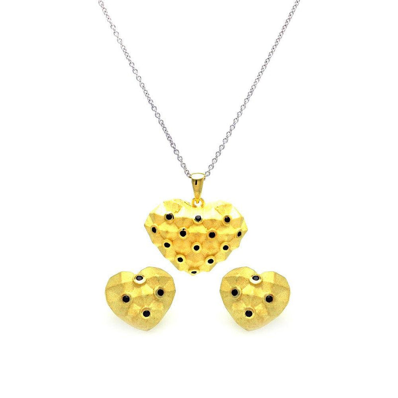 Closeout-Silver 925 Gold Plated Black Polka Dot Heart CZ Stud Earring and Necklace Set - STS00379 | Silver Palace Inc.