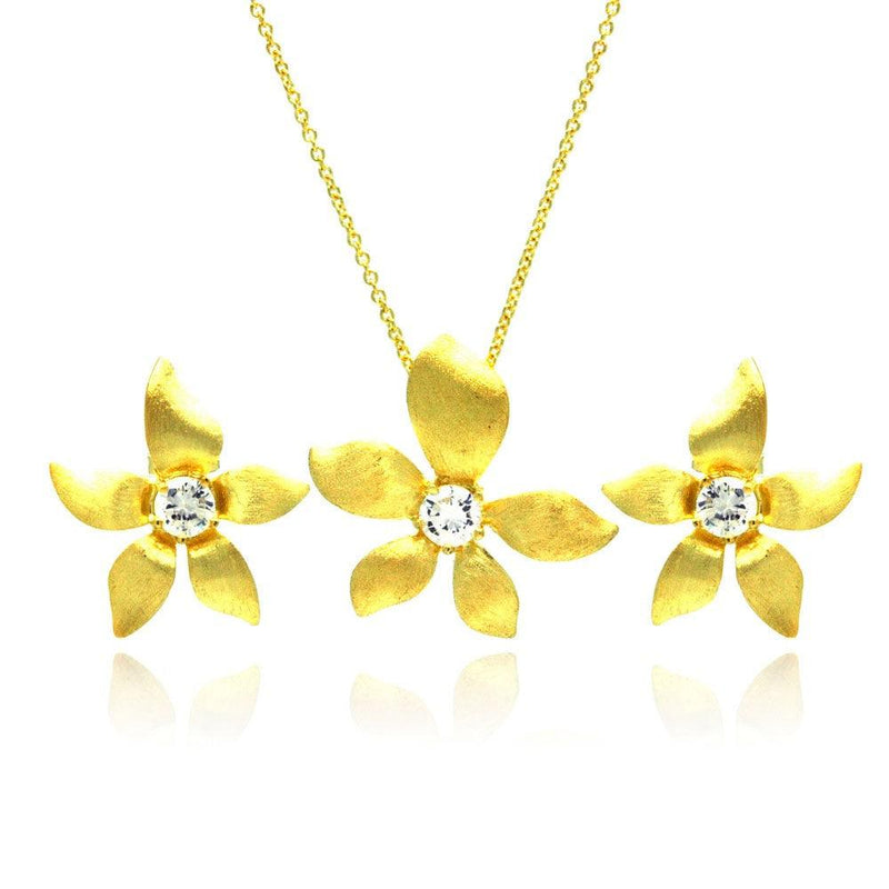 Closeout-Silver 925 Gold Plated Flower CZ Stud Earring and Necklace Set - STS00381 | Silver Palace Inc.
