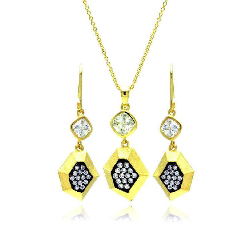 Silver 925 Gold Plated Black CZ Dangling Stud Earring and Necklace Set - STS00382 | Silver Palace Inc.