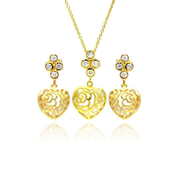 Silver 925 Gold Plated Heart Filigree CZ Dangling Stud Earring and Necklace Set - STS00383 | Silver Palace Inc.