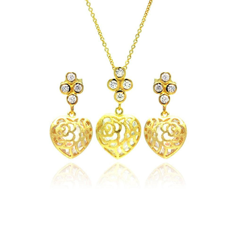 Silver 925 Gold Plated Heart Filigree CZ Dangling Stud Earring and Necklace Set - STS00383 | Silver Palace Inc.