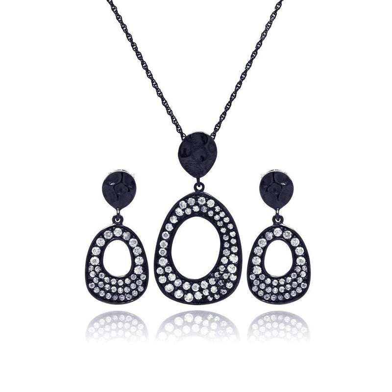 Closeout-Silver 925 Black Rhodium Plated Open Oval CZ Dangling Stud Earring and Necklace Set - STS00394 | Silver Palace Inc.