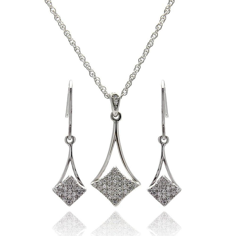 Silver 925 Rhodium Plated Micro Pave CZ Dangling Hook Earring and Necklace Set - STS00409 | Silver Palace Inc.