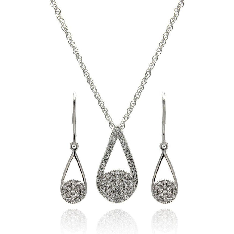Silver 925 Rhodium Plated Open Teardrop CZ Dangling Hook Earring and Necklace Set - STS00411 | Silver Palace Inc.