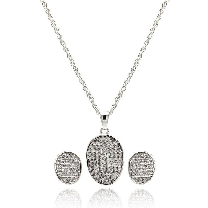 Silver 925 Rhodium Plated Oval CZ Stud Earring and Necklace Set - STS00412 | Silver Palace Inc.
