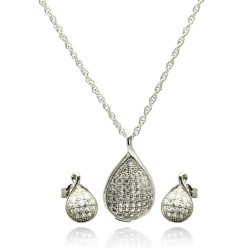 Silver 925 Rhodium Plated Teardrop CZ Stud Earring and Necklace Set - STS00414 | Silver Palace Inc.