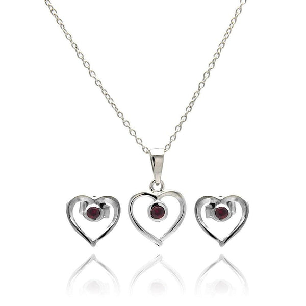 Silver 925 Rhodium Plated Open Heart Round Red CZ Stud Earring and Necklace Set - STS00416 | Silver Palace Inc.