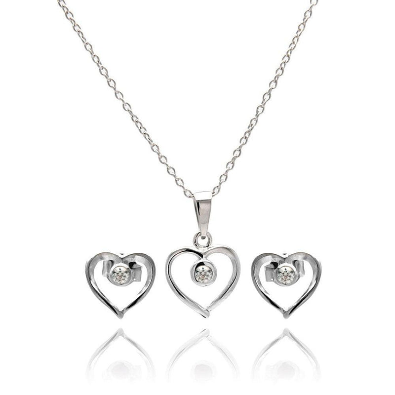Silver 925 Rhodium Plated Open Heart Round CZ Stud Earring and Necklace Set - STS00417 | Silver Palace Inc.