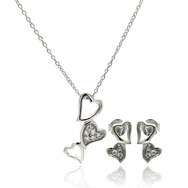 Silver 925 Rhodium Plated Multiple Open Heart CZ Dangling Stud Earring and Necklace Set - STS00418 | Silver Palace Inc.