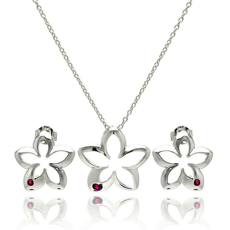 Silver 925 Rhodium Plated Open Flower Small Red Round CZ Stud Earring and Necklace Set - STS00419 | Silver Palace Inc.
