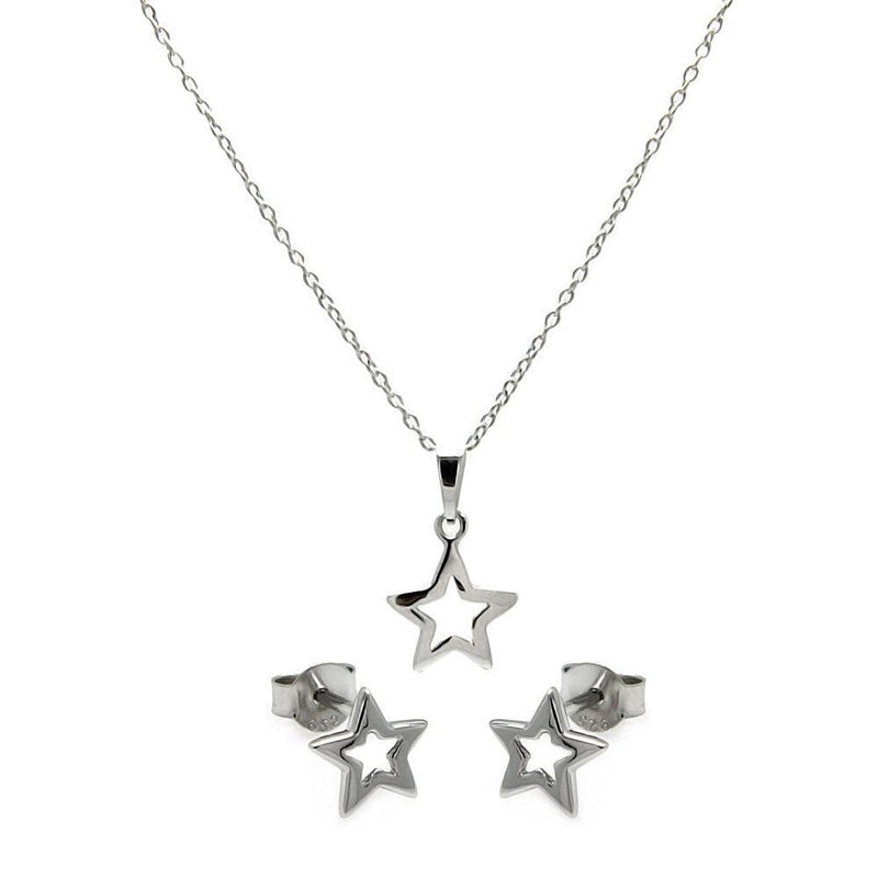 Silver 925 Rhodium Plated Open Star CZ Stud Earring and Necklace Set - STS00420 | Silver Palace Inc.