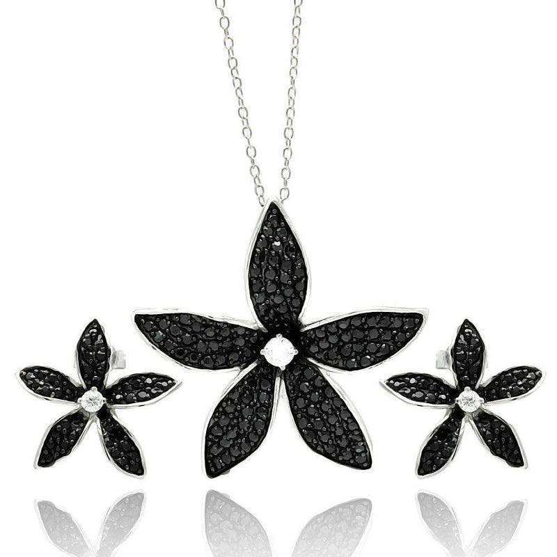 Silver 925 Rhodium Plated Black Flower CZ Stud Earring and Necklace Set - STS00429 | Silver Palace Inc.