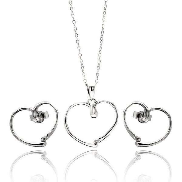 Silver 925 Rhodium Plated Open Heart CZ Stud Earring and Necklace Set - STS00433 | Silver Palace Inc.