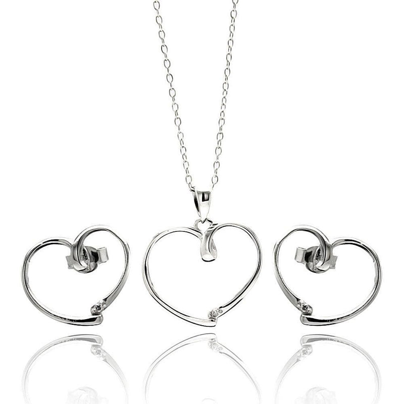 Silver 925 Rhodium Plated Open Heart CZ Stud Earring and Necklace Set - STS00433 | Silver Palace Inc.