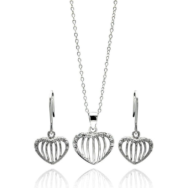 Silver 925 Rhodium Plated Open Heart Stripe CZ Stud Earring and Necklace Set - STS00434 | Silver Palace Inc.