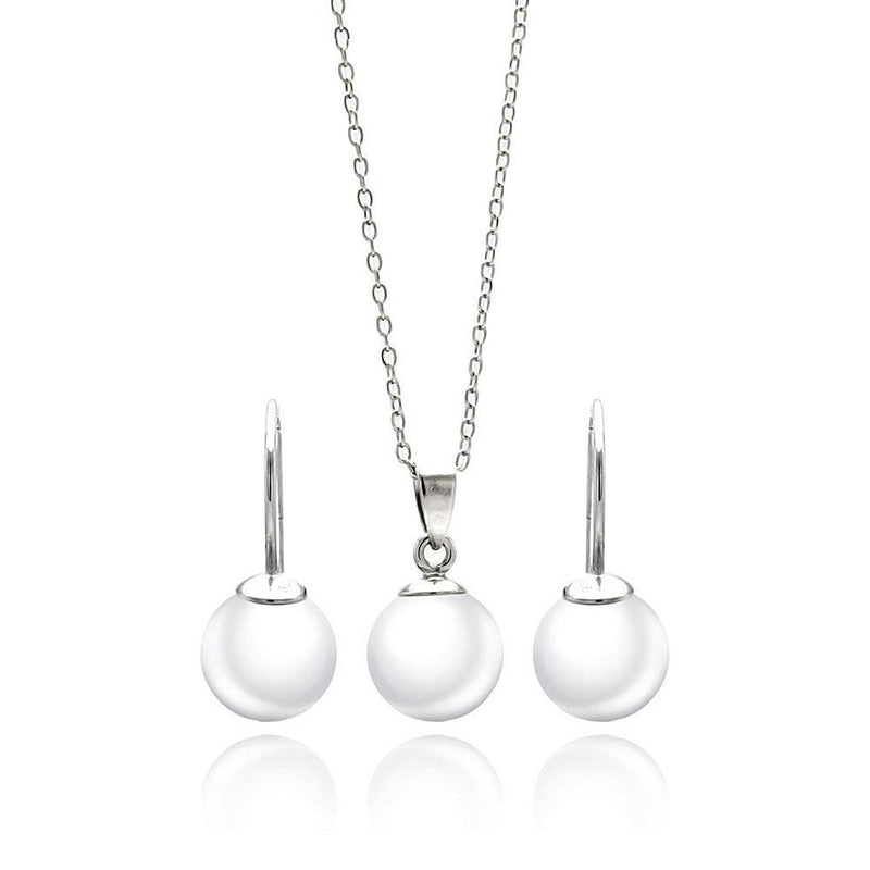 Silver 925 Rhodium Plated White Enamel Lever Back Earring and Necklace Set - STS00436 | Silver Palace Inc.