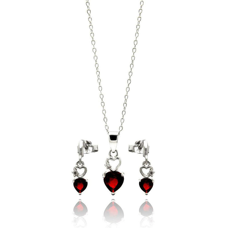 Silver 925 Rhodium Plated Open Graduated Red Heart Stud Earring and Necklace Set - STS00438 | Silver Palace Inc.