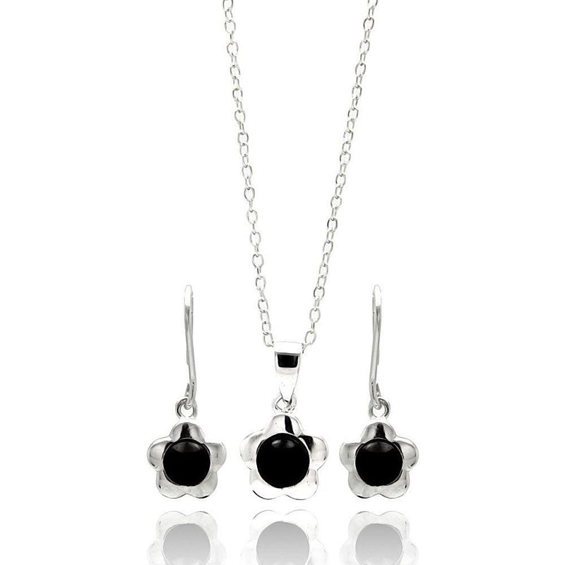 Silver 925 Rhodium Plated Flower Black Round CZ Dangling Lever Back Stud Earring and Necklace Set - STS00444 | Silver Palace Inc.
