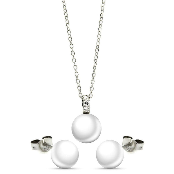 Silver 925 Rhodium Plated Pearl Stud Earring and Necklace Set - STS00447WHT | Silver Palace Inc.