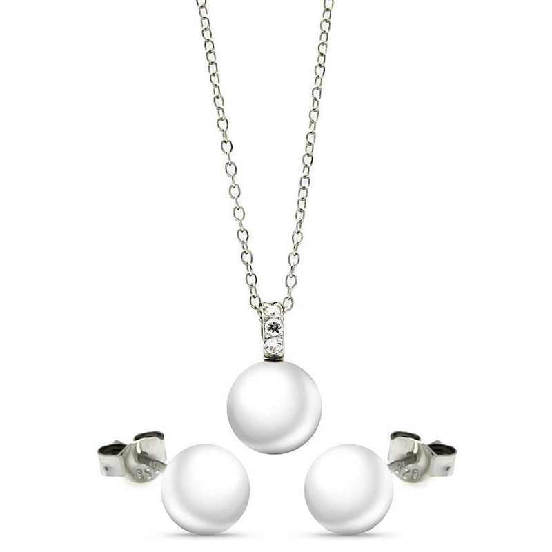 Silver 925 Rhodium Plated Pearl Stud Earring and Necklace Set - STS00447WHT | Silver Palace Inc.