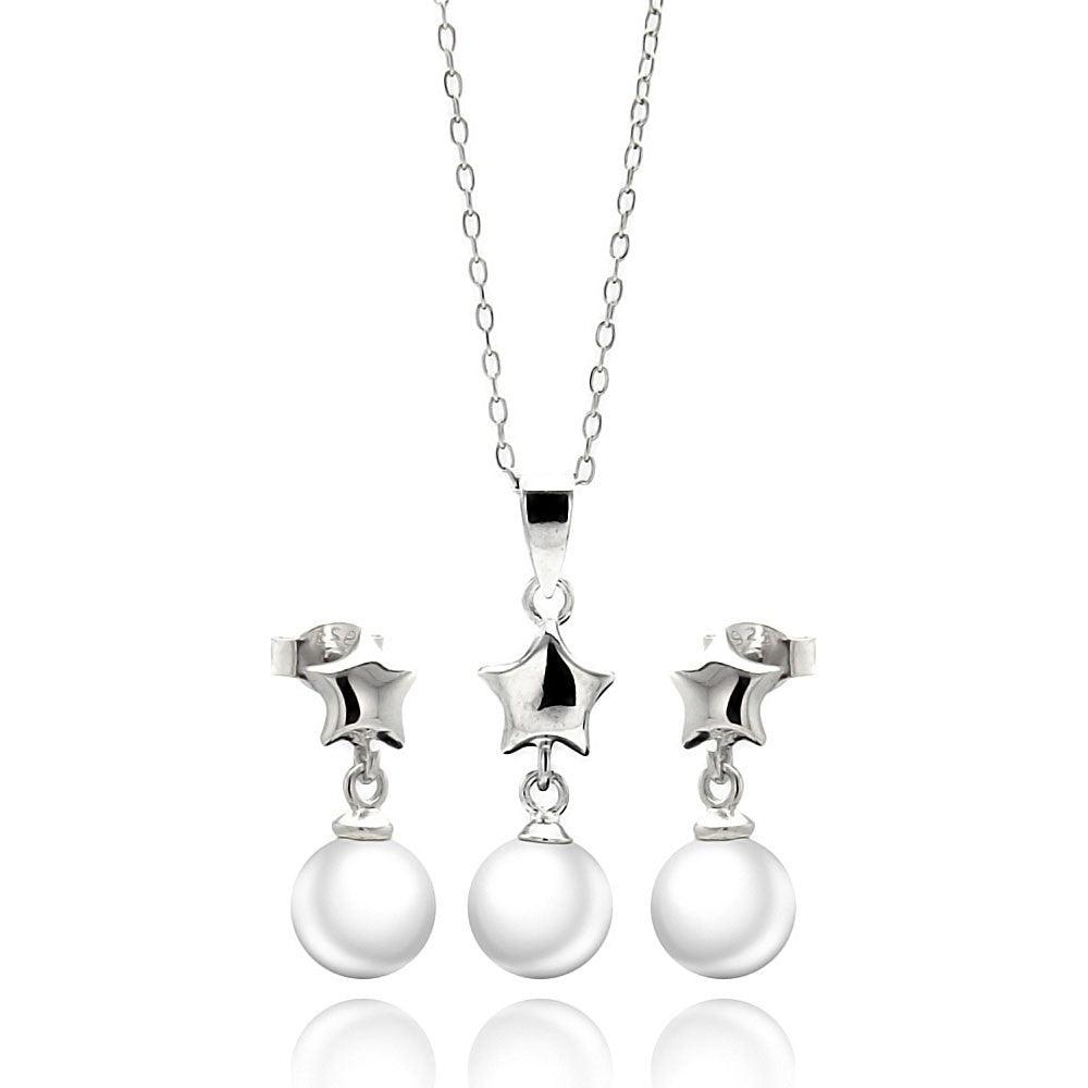 Silver 925 Rhodium Plated Star White Enamel Pearl Dangling Stud Earring and Necklace Set - STS00448 | Silver Palace Inc.