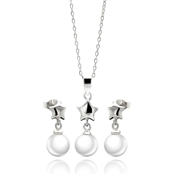 Silver 925 Rhodium Plated Star White Enamel Pearl Dangling Stud Earring and Necklace Set - STS00448 | Silver Palace Inc.