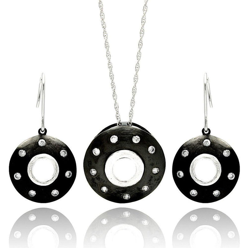 Closeout-Silver 925 Rhodium Plated Round Black Onyx CZ Hook Earring and Necklace Set - STS00449 | Silver Palace Inc.