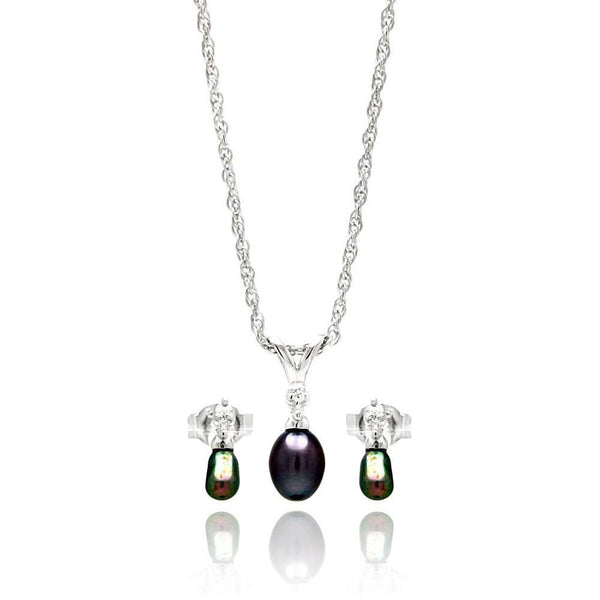 Silver 925 Rhodium Plated Small Fresh Water Black Pearl Dangling Set - STS00451 | Silver Palace Inc.