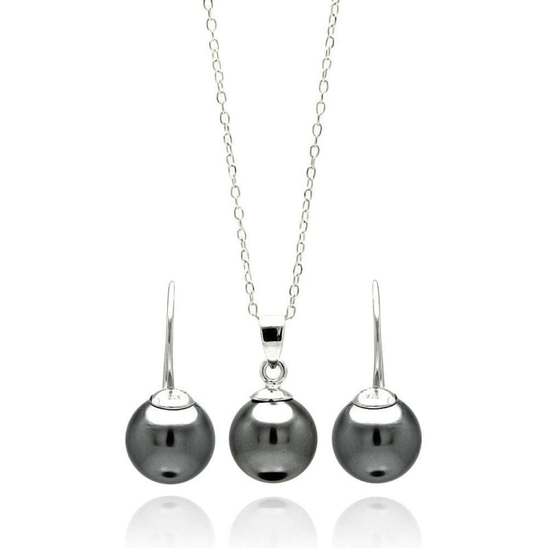 Silver 925 Rhodium Plated Black Pearl Hanging Earring and Necklace Set - STS00460 | Silver Palace Inc.