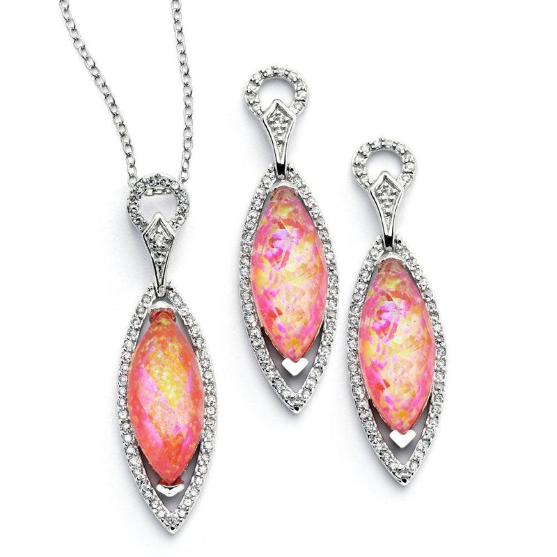 Silver 925 Rhodium Plated Pink CZ Dangling Stud Earring and Necklace Set - STS00465 | Silver Palace Inc.