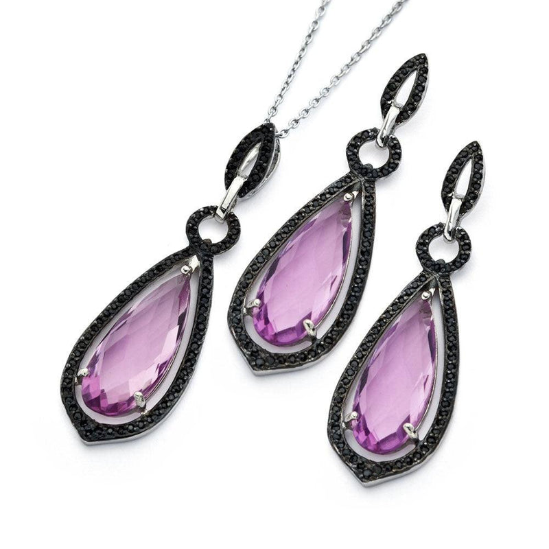 Silver 925 Black Rhodium Plated Pink Teardrop CZ Dangling Stud Earring and Necklace Set - STS00471 | Silver Palace Inc.