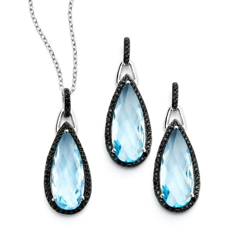 Silver 925 Black Rhodium Plated Blue Teardrop CZ Dangling Stud Earring and Necklace Set - STS00472 | Silver Palace Inc.
