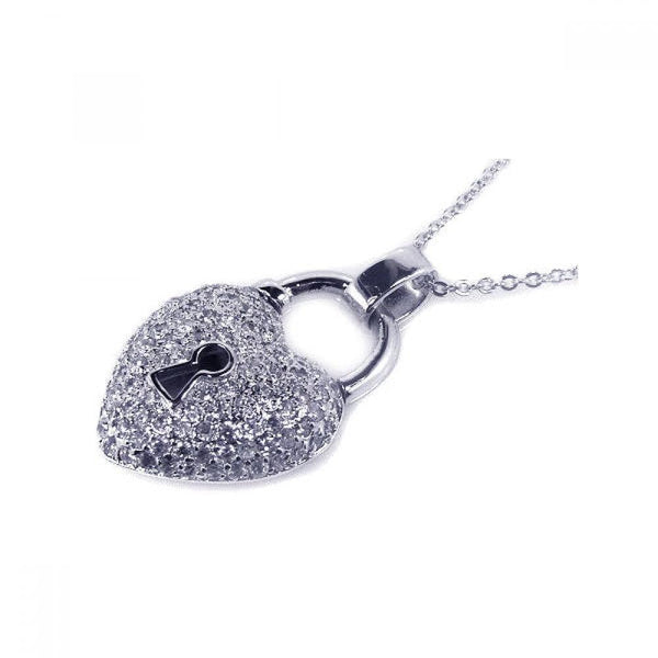 Silver 925 Clear CZ Rhodium Plated Puffed Lock Heart Pendant Necklace - BGP00030 | Silver Palace Inc.