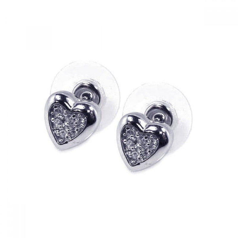 Silver 925 Rhodium Plated Clear Heart Inlay CZ Stud Earrings - BGE00055 | Silver Palace Inc.