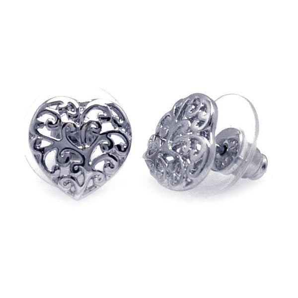 Silver 925 Rhodium Plated Open Heart Filigree CZ Earrings - BGE00110 | Silver Palace Inc.