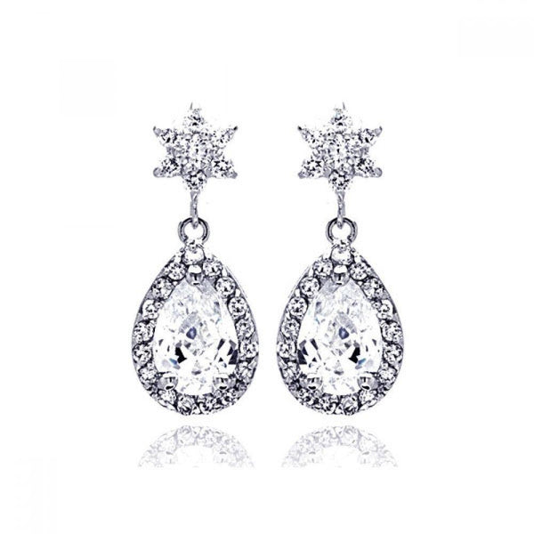 Silver 925 Rhodium Plated Star Teardrop Center Clear CZ Inlay Outline Dangling Stud Earrings - BGE00186 | Silver Palace Inc.