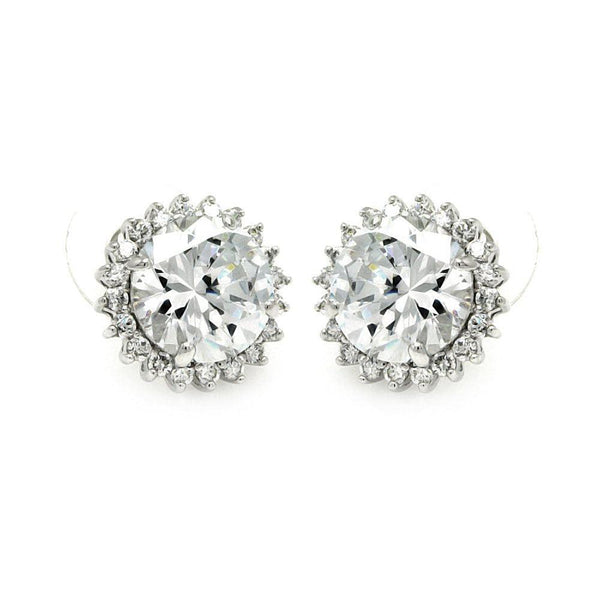 Silver 925 Rhodium Plated Round Center Sun CZ Stud Earrings - BGE00212 | Silver Palace Inc.