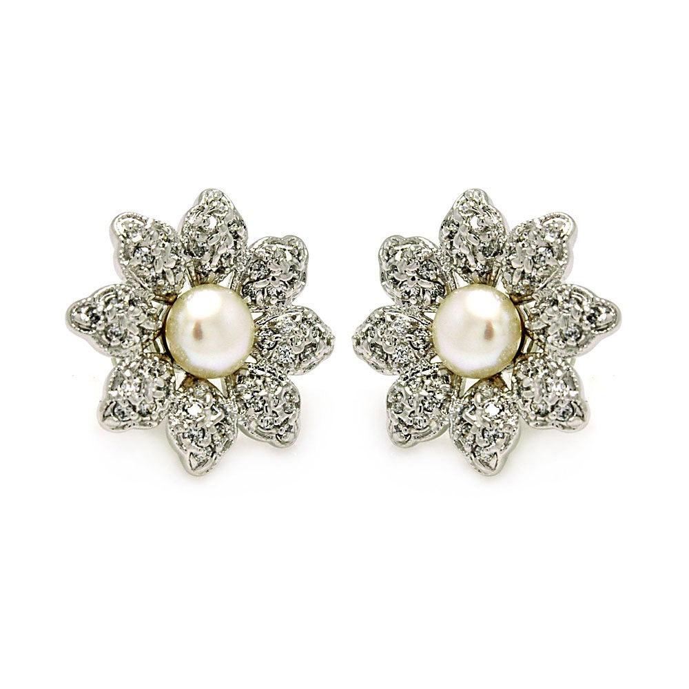 Silver 925 Rhodium Plated Flower CZ Inlay Center Pearl Stud Earrings - BGE00214 | Silver Palace Inc.