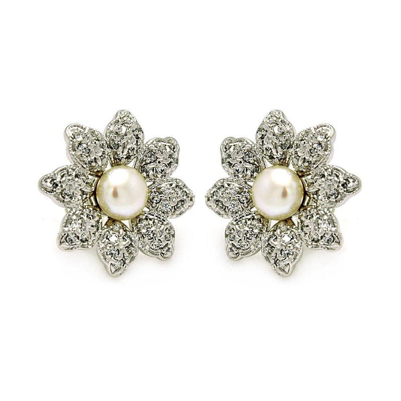 Silver 925 Rhodium Plated Flower CZ Inlay Center Pearl Stud Earrings - BGE00214 | Silver Palace Inc.