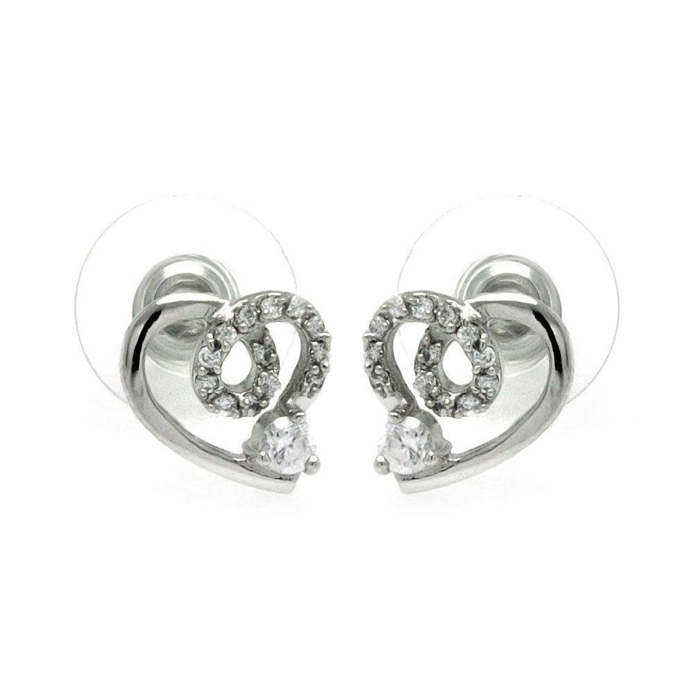 Silver 925 Rhodium Plated Open Heart CZ Outline Stud Earrings - BGE00228 | Silver Palace Inc.